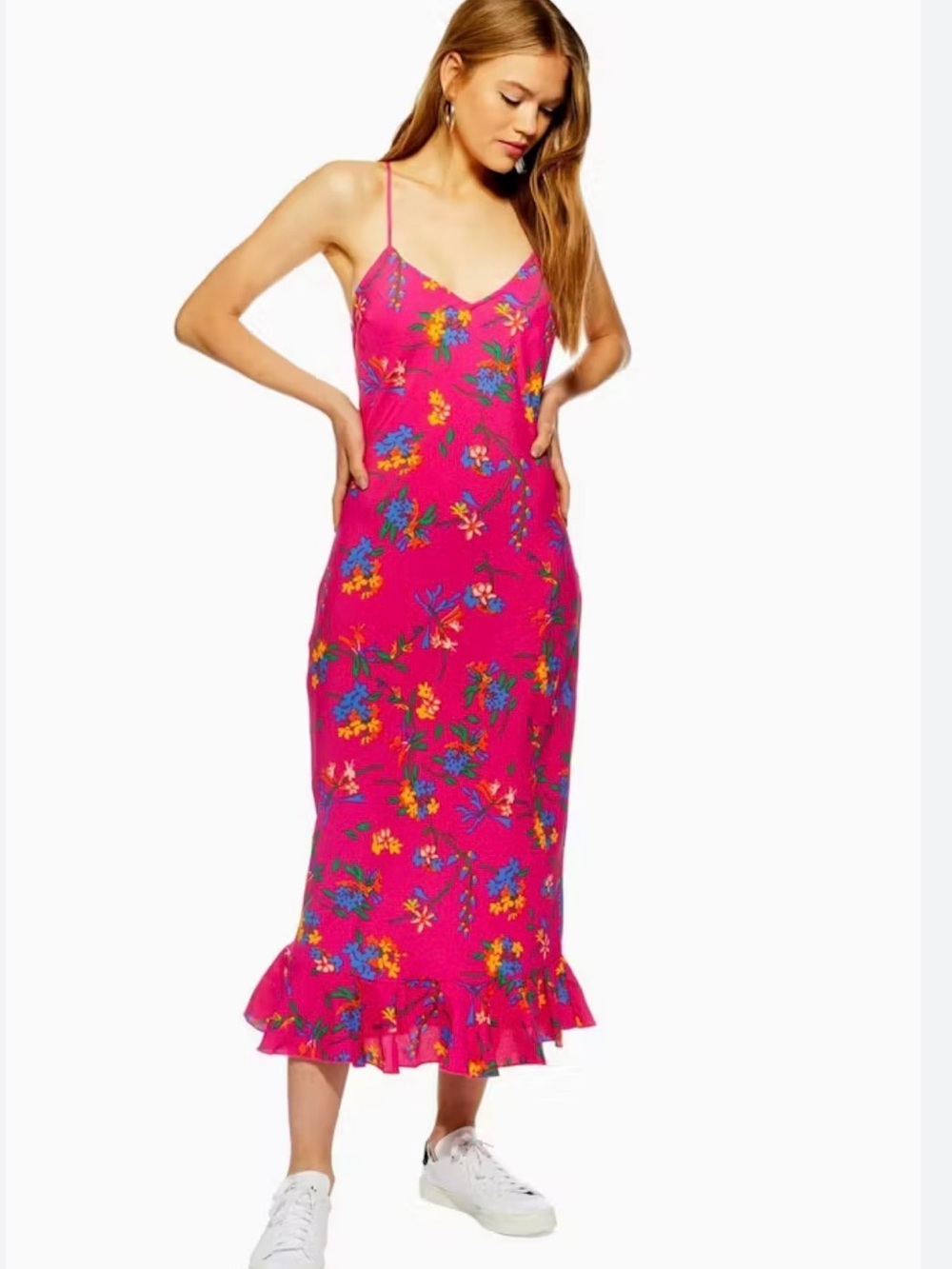 TOPSHOP Fuchsia Floral Slip Dress with Ruffle Hem Sz 0 Chick Stylish Ruched Back